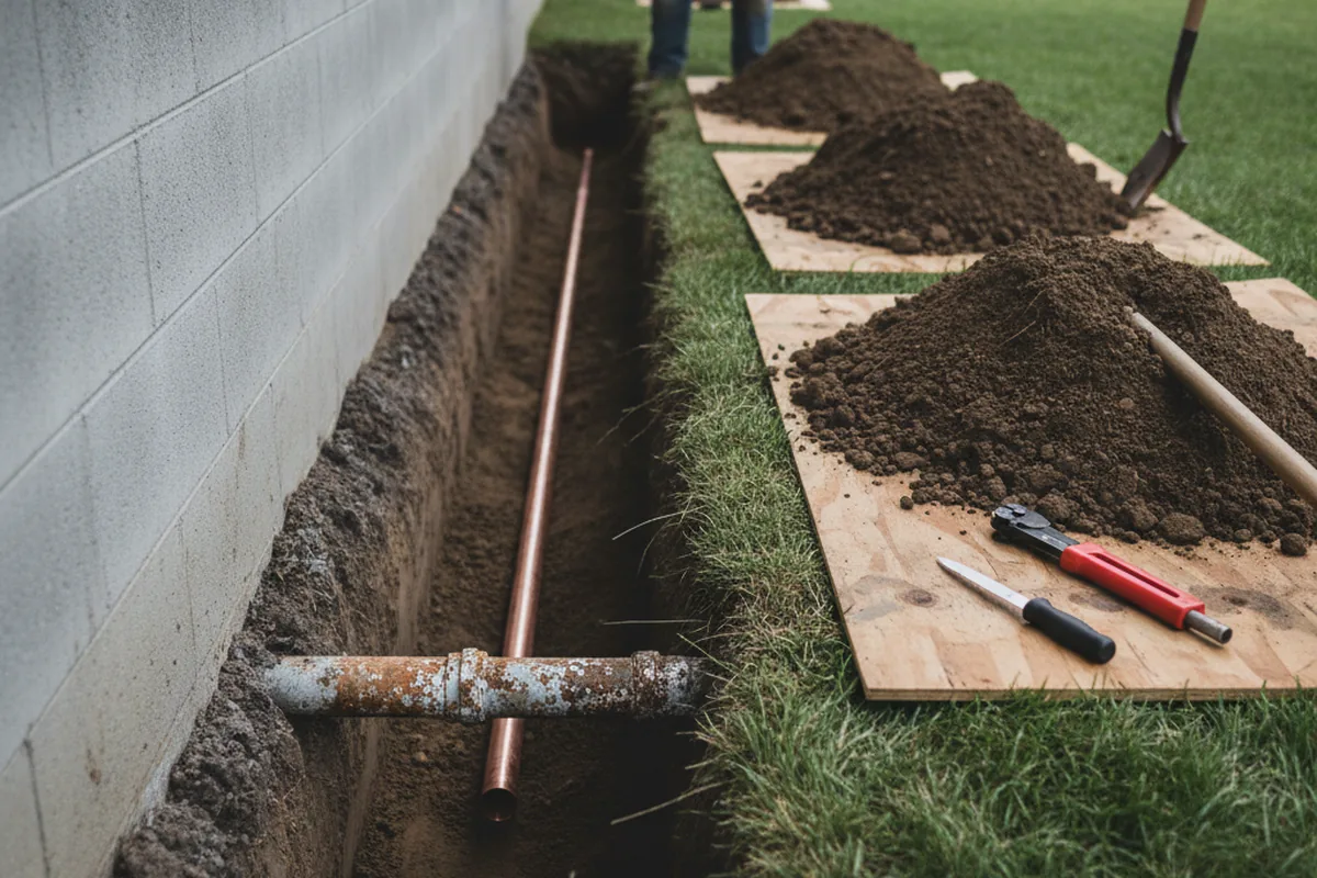 Excavated water line trench during Water Softener Installation in New Middletown